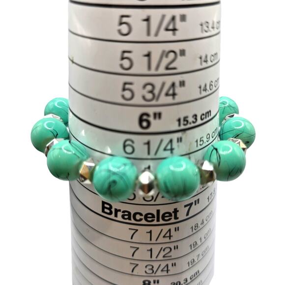 Aqua Blue Stretch Bracelet Black Lines Painted Round Shaped Acrylic Beads Adjust - Picture 5 of 6
